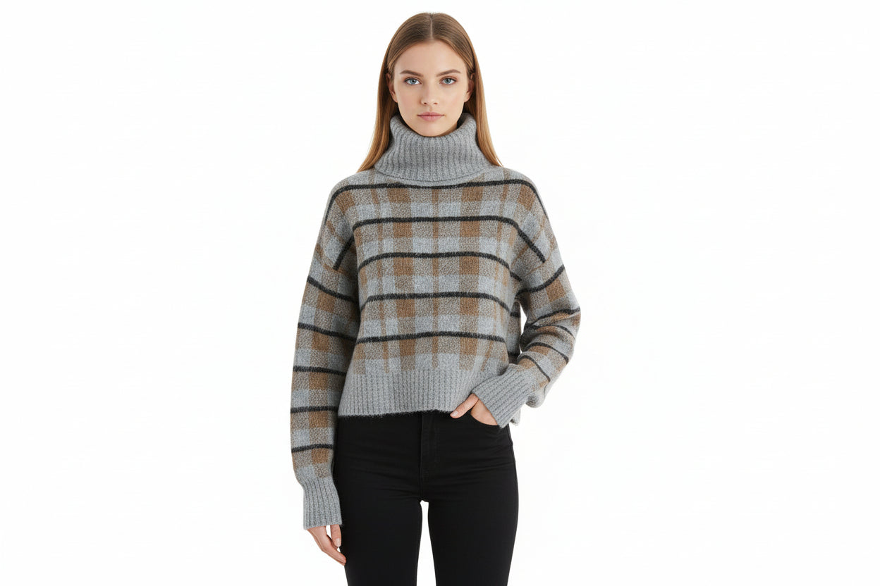 Women’s Loose-Fit Wool-Blend Check Turtleneck Sweater