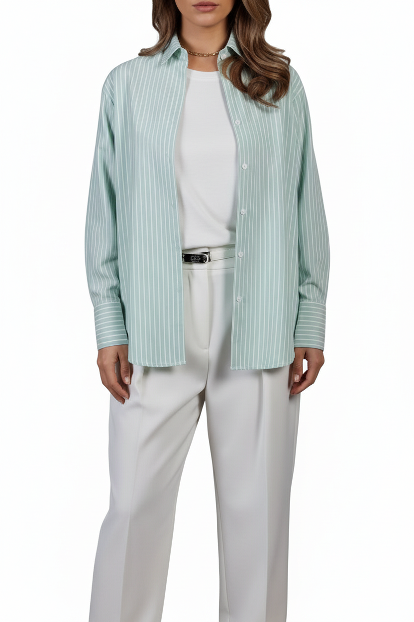 Cropped mint striped shirt with full t-shirt