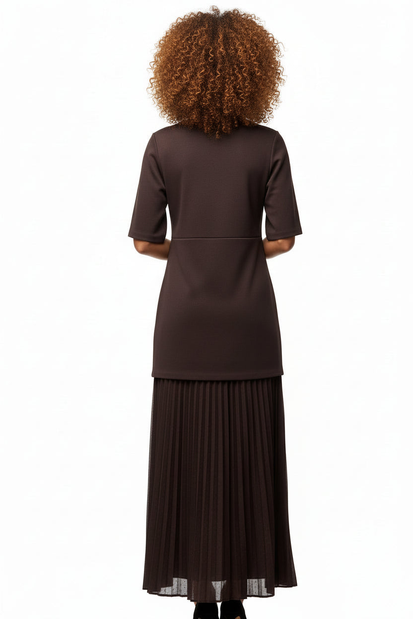 Women’s Elegant Brown Patchwork Pleated Midi Dress