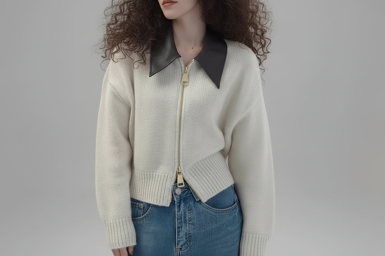 Women’s Polo Collar Zipper Knitted Cardigan Jacket