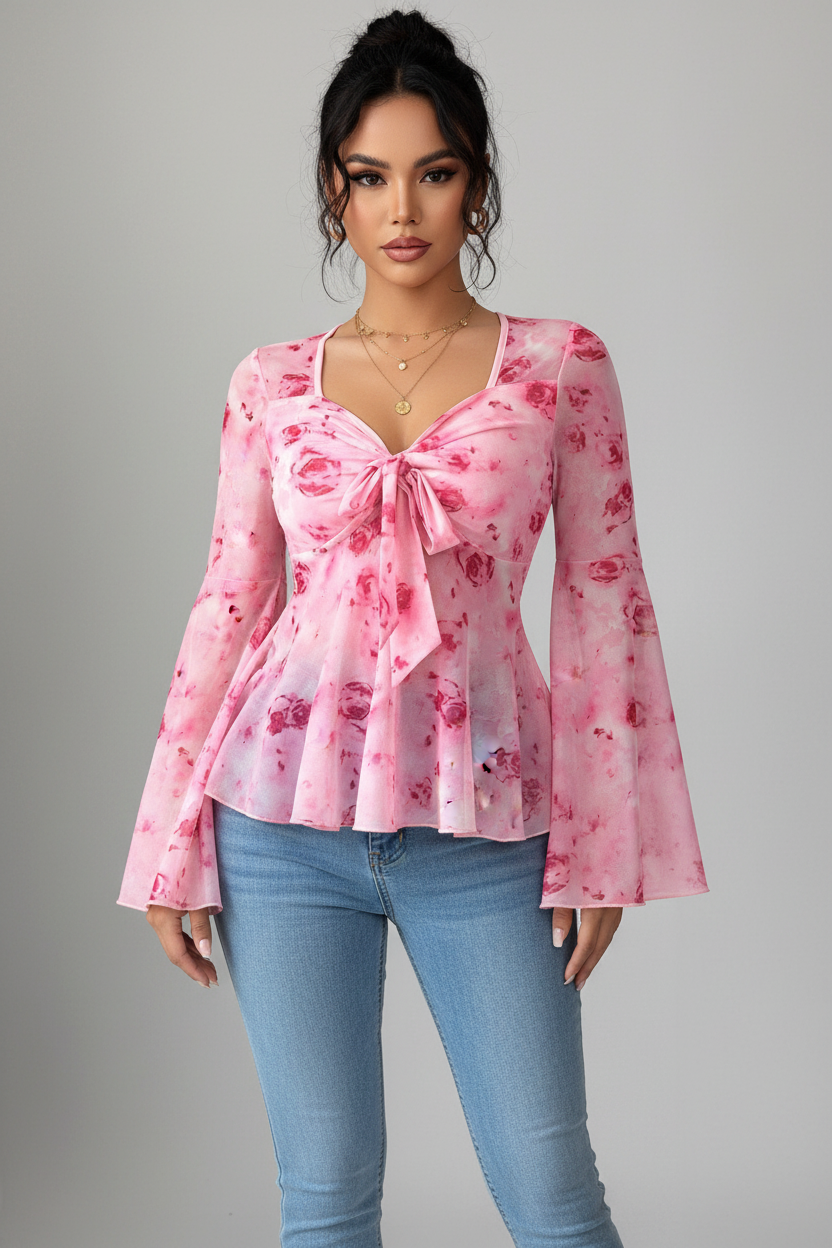 Full body front view pink floral top