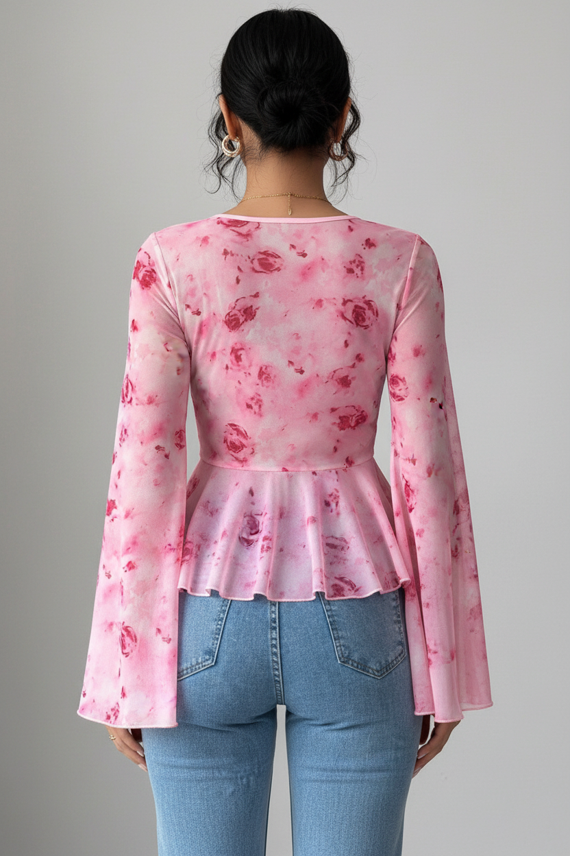 Full body back view pink floral top