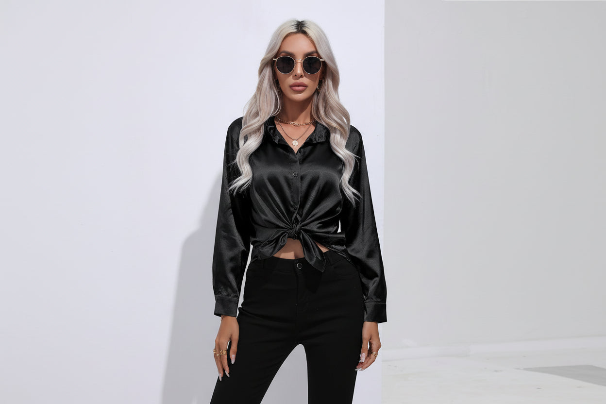 Women’s Satin Long Sleeve Shirt Button Cardigan Blouse