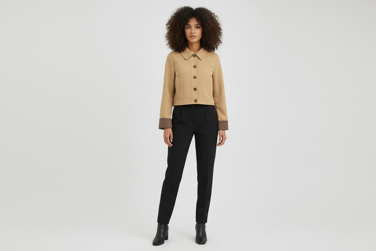 Cropped tan jacket with curly hair model