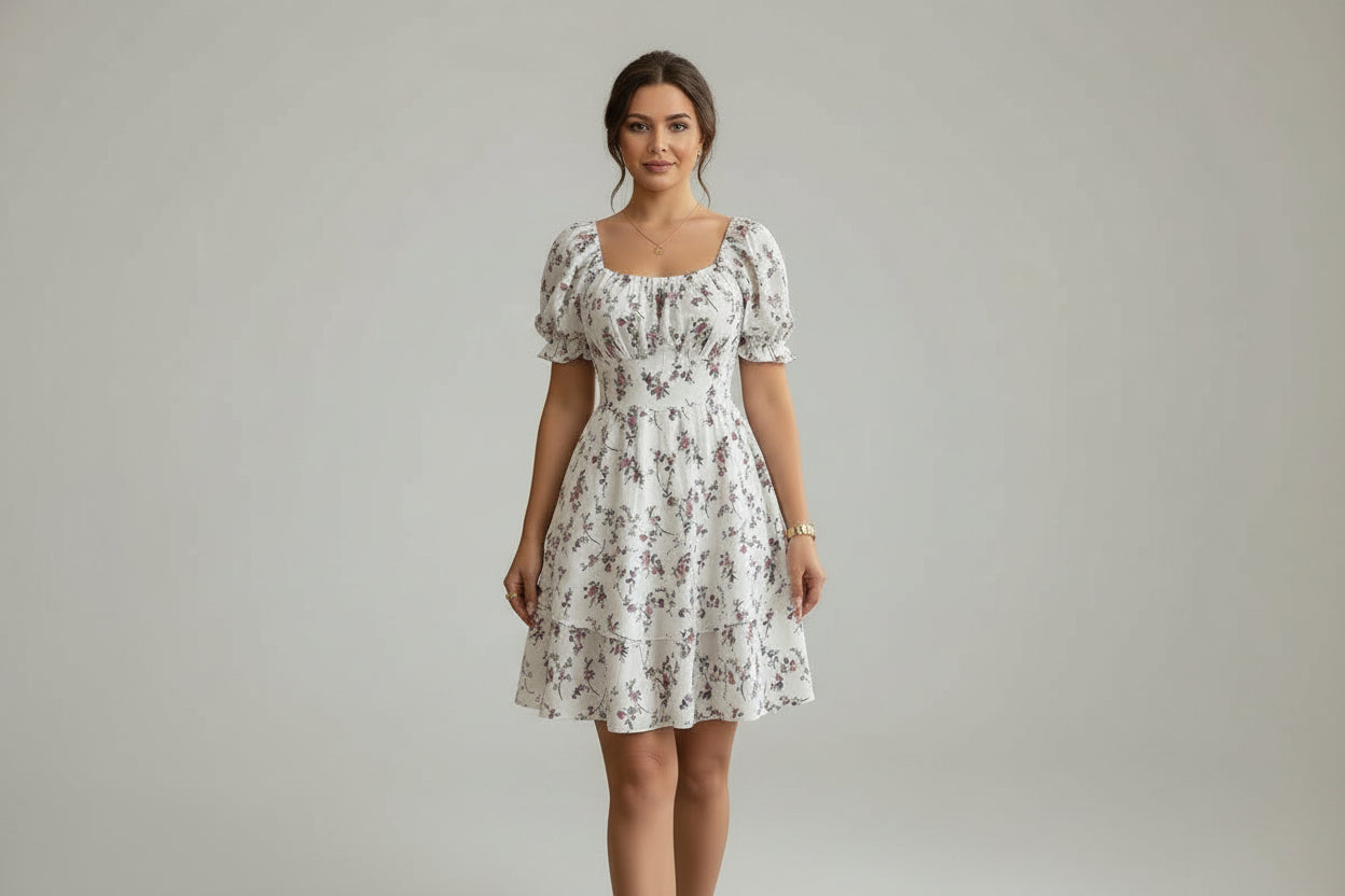 Women’s Short Sleeve Floral Print Midi Dress High Waist Elegant Flared Dress