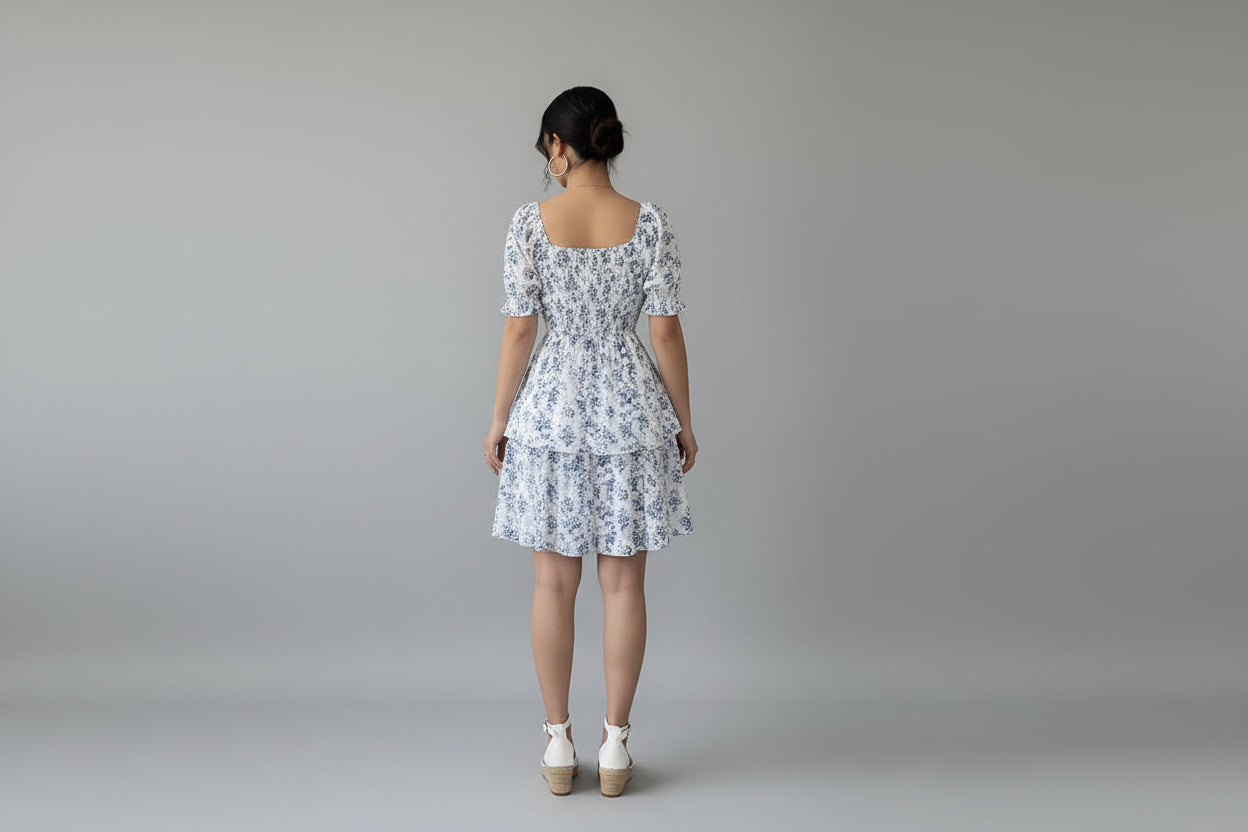 Women’s Short Sleeve Floral Print Midi Dress High Waist Elegant Flared Dress