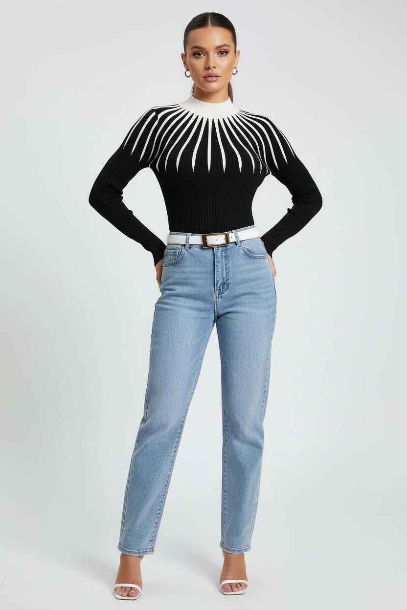 Women’s Slim Fit Mock Neck Ribbed Striped Knit Sweater