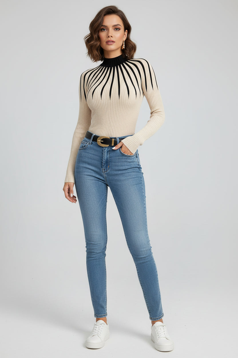 Women’s Slim Fit Mock Neck Ribbed Striped Knit Sweater