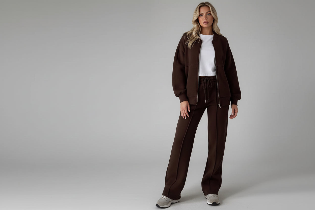 Women’s Solid Color Long Sleeve Sweater and Zipper Trousers Two-Piece Commuter Set