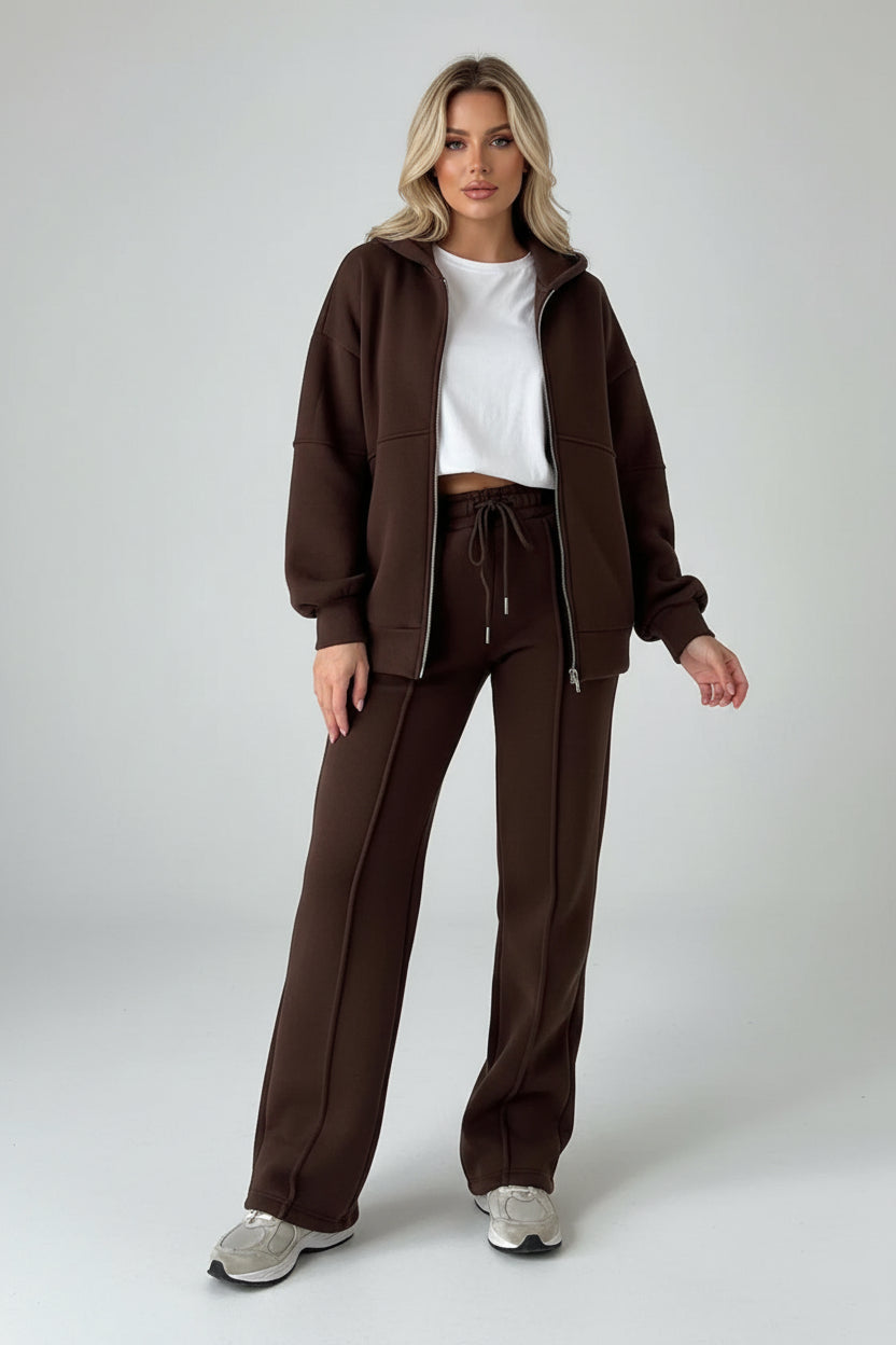 Women’s Solid Color Long Sleeve Sweater and Zipper Trousers Two-Piece Commuter Set