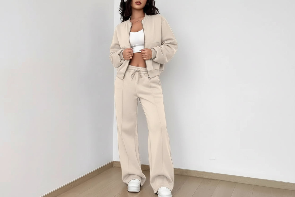 Women’s Solid Color Long Sleeve Sweater and Zipper Trousers Two-Piece Commuter Set