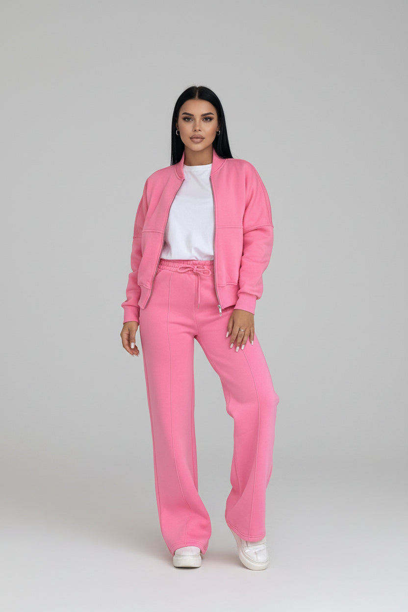 Women’s Solid Color Long Sleeve Sweater and Zipper Trousers Two-Piece Commuter Set