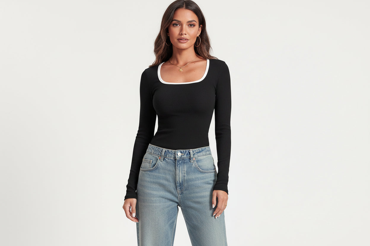 Women's Long-Sleeved Square Collar Pullover Top