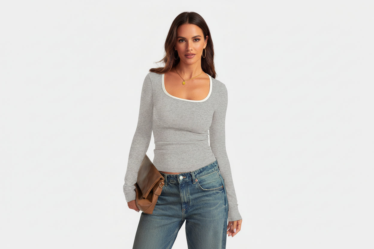 Women's Long-Sleeved Square Collar Pullover Top