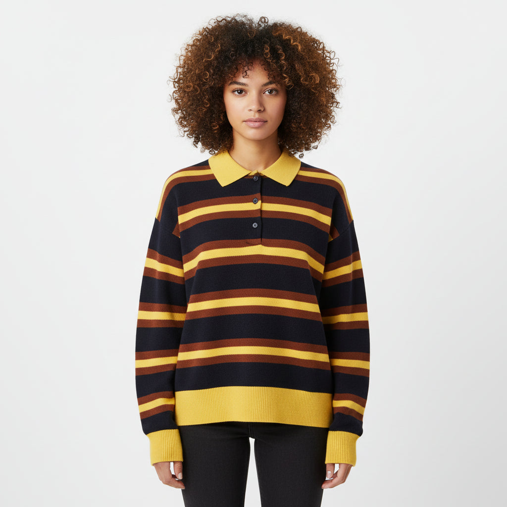 Women’s Striped Polo Collar Knitted Sweater