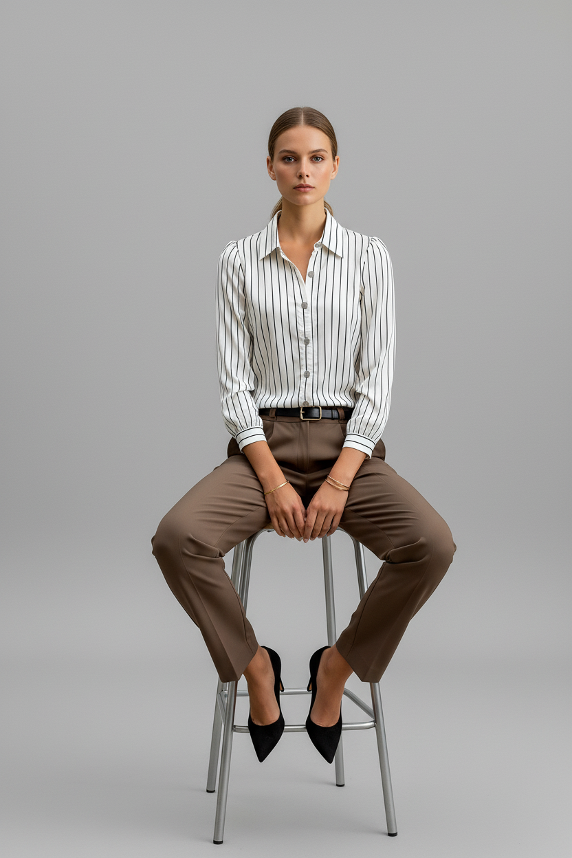 Striped shirt sitting on stool