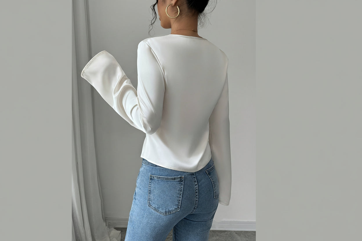Women’s Twisted Satin Texture Shirt Long Sleeve Pleated Elegant Top