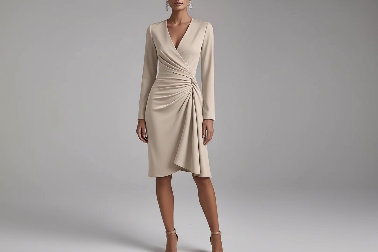 Women’s V-Neck Pleated Slim Fit Long Sleeve A-Line Midi Dress