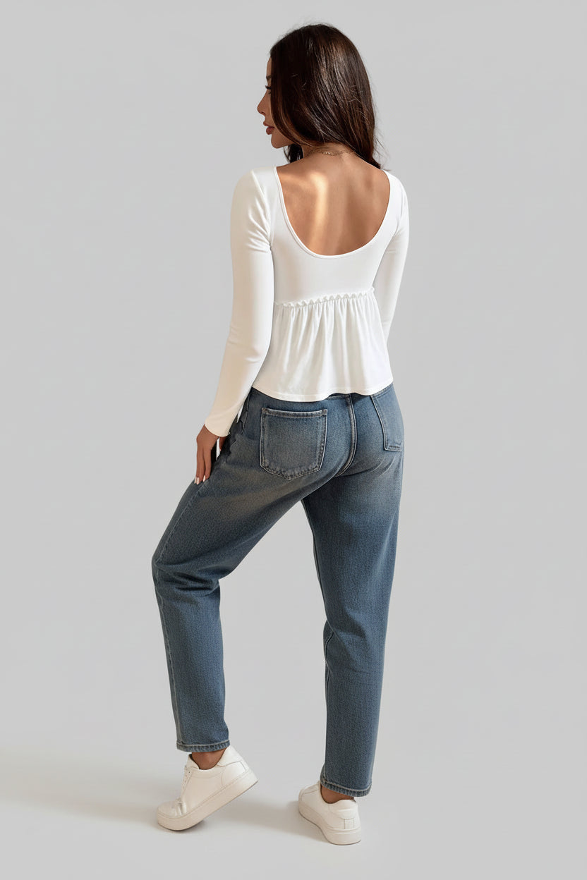 Women’s Square Neck Long Sleeve Waist-Tie Pullover Top