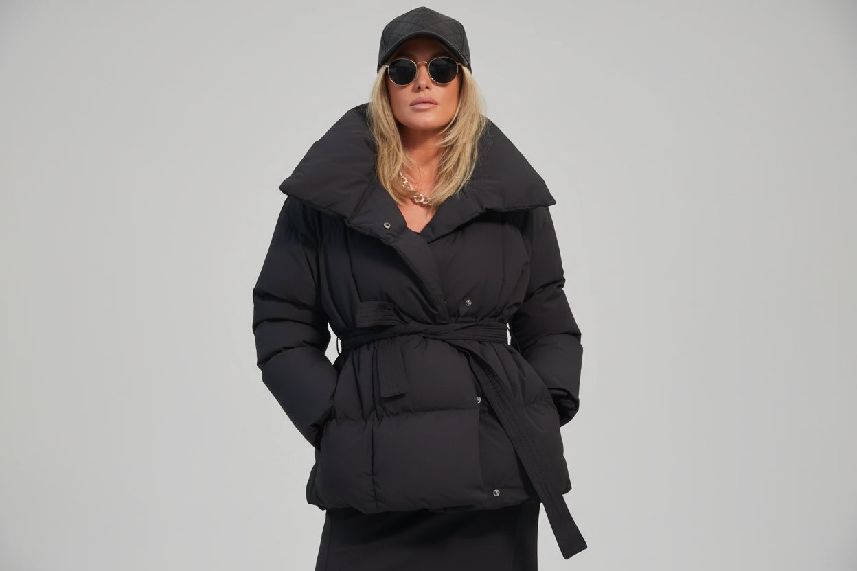 Women’s Winter Thickened Cotton Coat Long Length Lapel Jacket with Belt