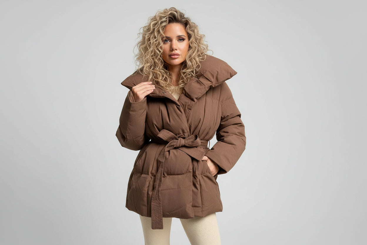 Women’s Winter Thickened Cotton Coat Long Length Lapel Jacket with Belt