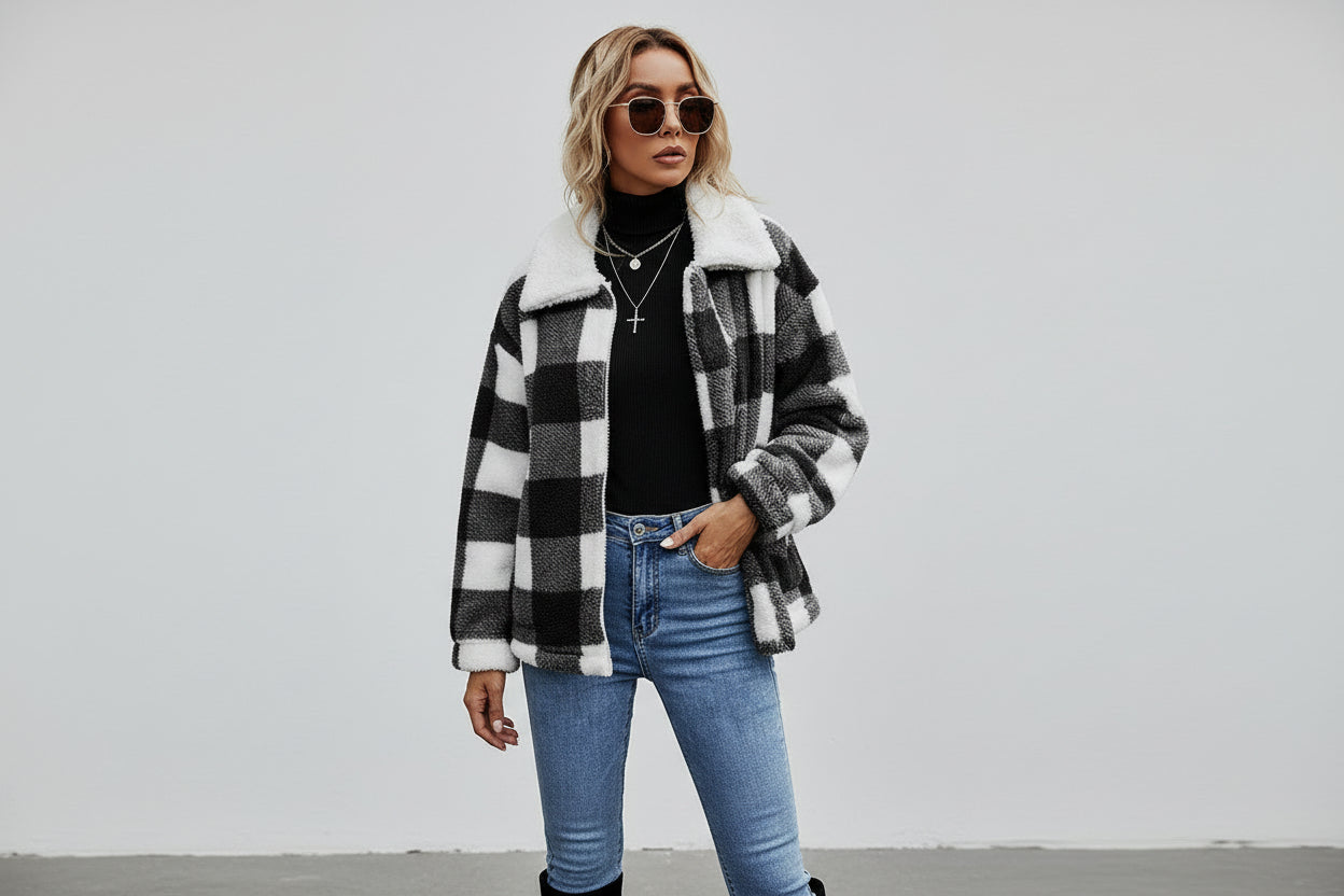 Women’s Zipper Cardigan Plaid Plush Jacket