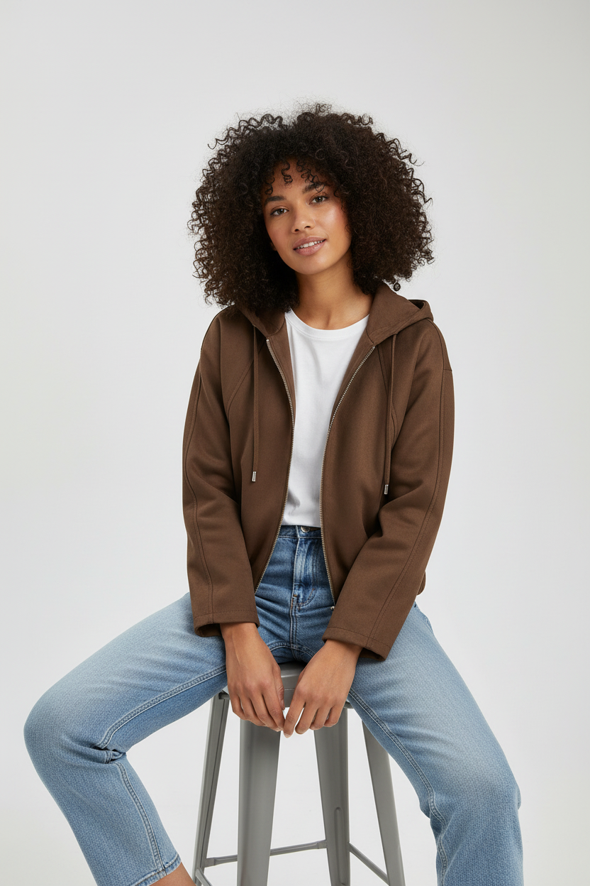 Brown jacket - sitting on stool