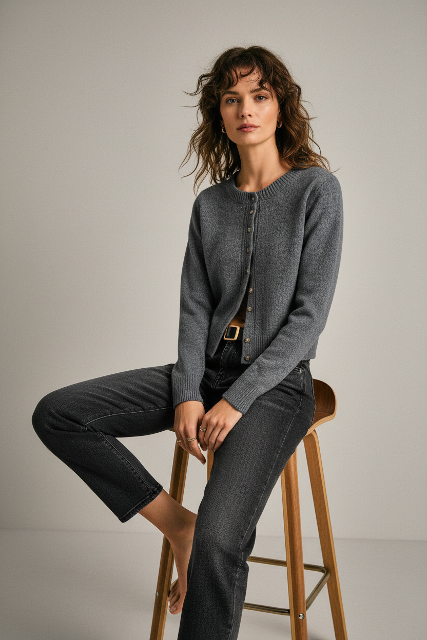 Grey cardigan - sitting on stool