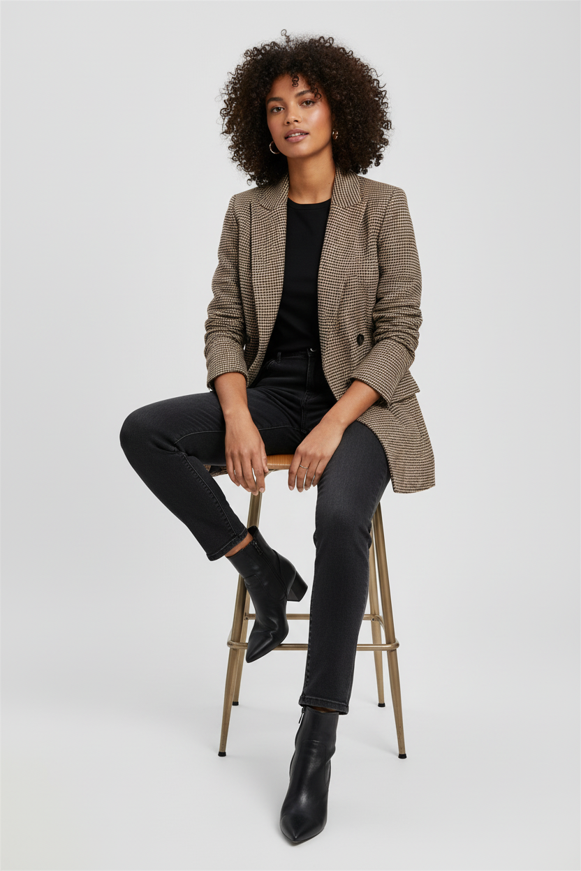 Houndstooth blazer - sitting on stool
