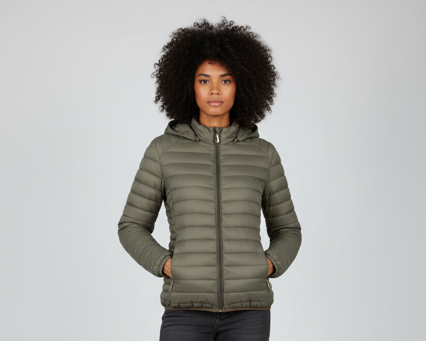 Olive puffer jacket - full body front
