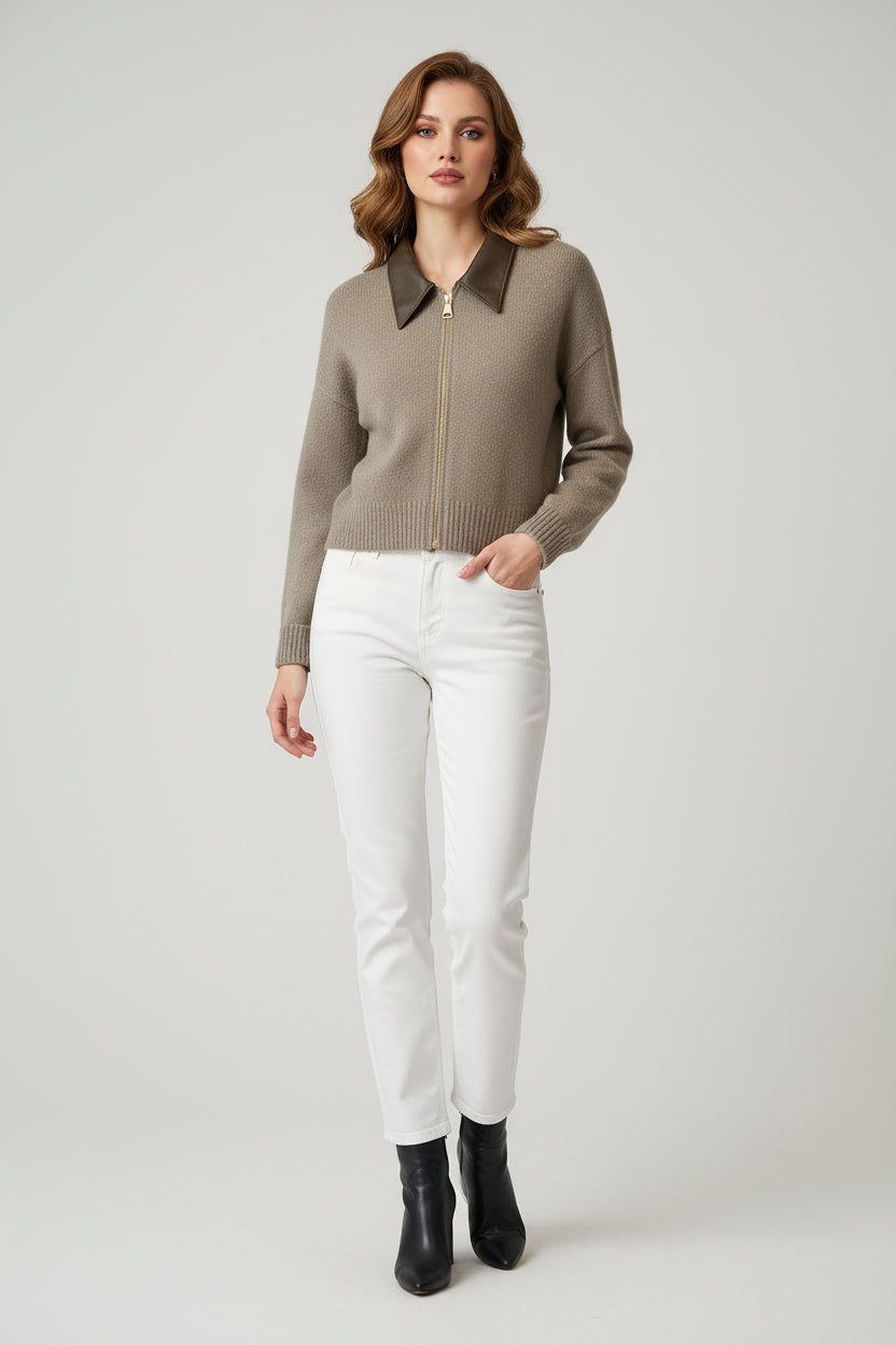 Women’s Double Zipper Short Cashmere Sweater with Leather-Style Collar