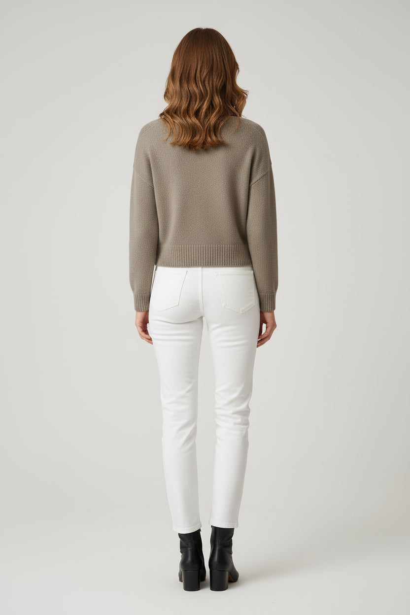 Women’s Double Zipper Short Cashmere Sweater with Leather-Style Collar