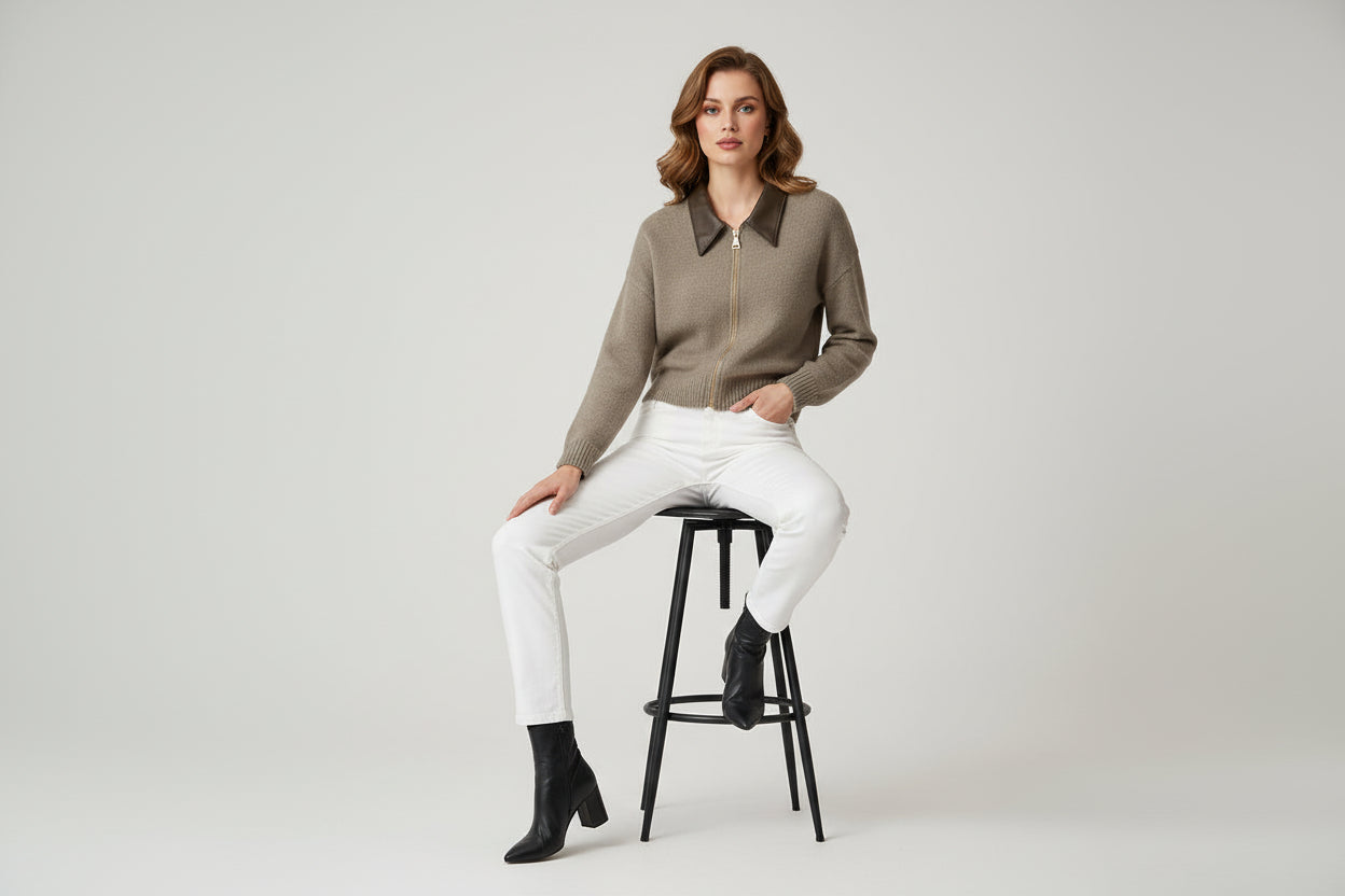 Women’s Double Zipper Short Cashmere Sweater with Leather-Style Collar