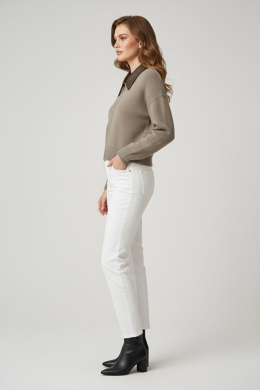 Women’s Double Zipper Short Cashmere Sweater with Leather-Style Collar