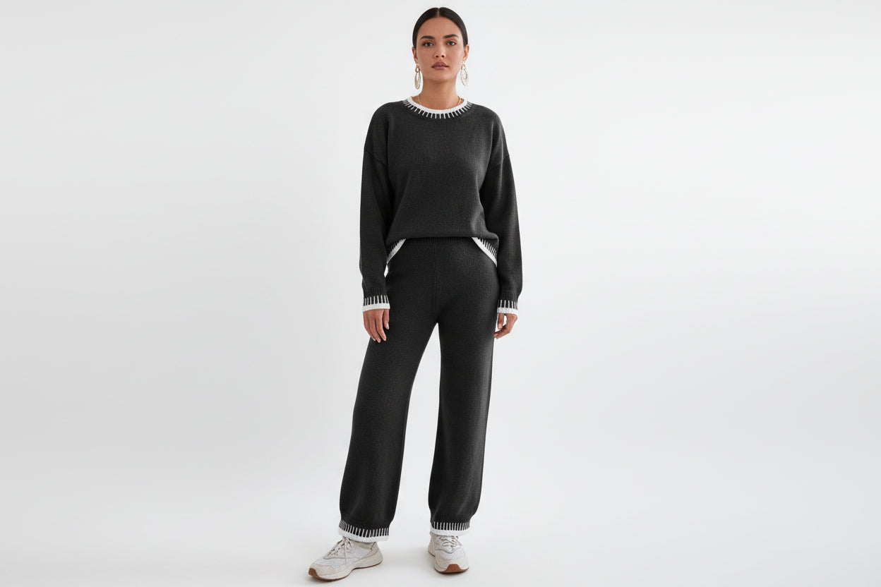 Women’s Casual Pullover Suit Top and Straight Wide-Leg Pants Two-Piece Set
