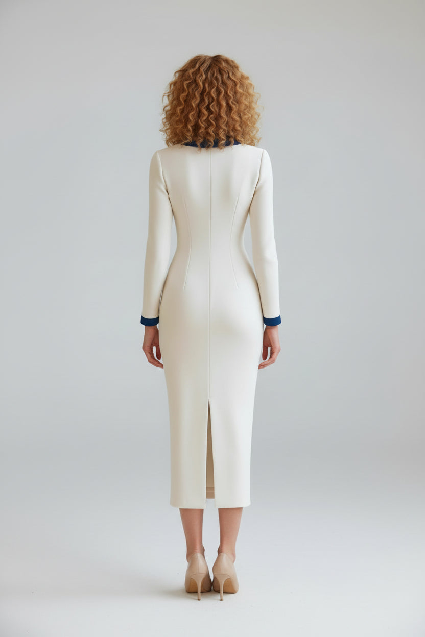 Women's Stylish Blue-And-White Contrast Lapel Dress