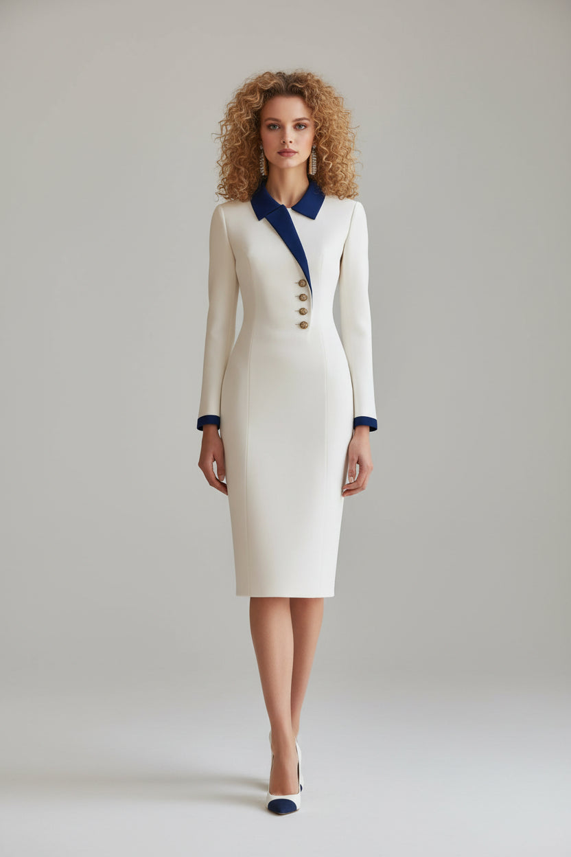Women's Stylish Blue-And-White Contrast Lapel Dress