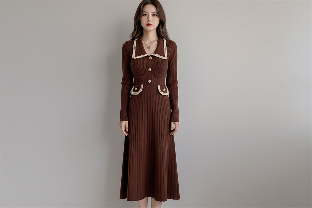 French Style Long Sleeve Knitted Dress for Women