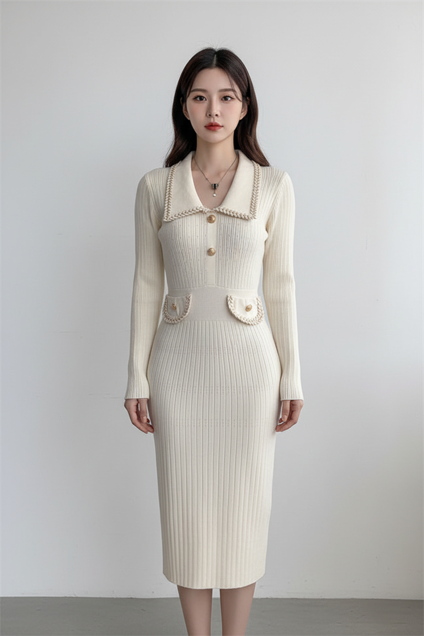 French Style Long Sleeve Knitted Dress for Women