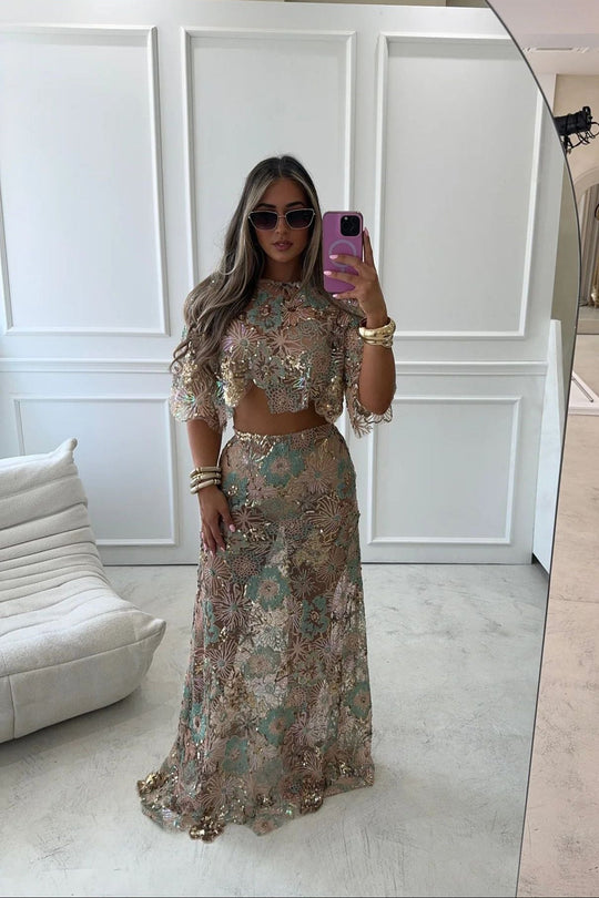 Elina | Women's Embroidery Sequin Summer Party Two-Piece Set