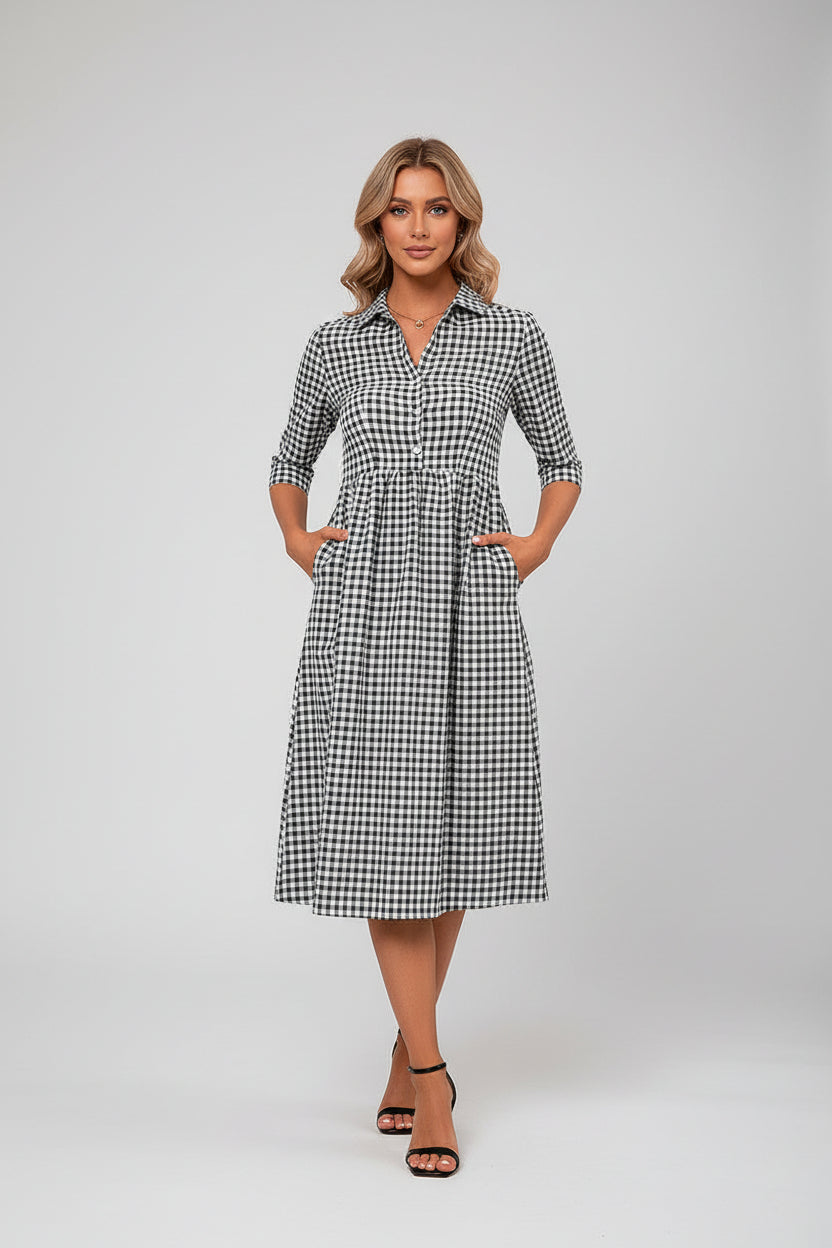 Loose Casual Mid-Length Plaid Lapel Shirt Dress for Women