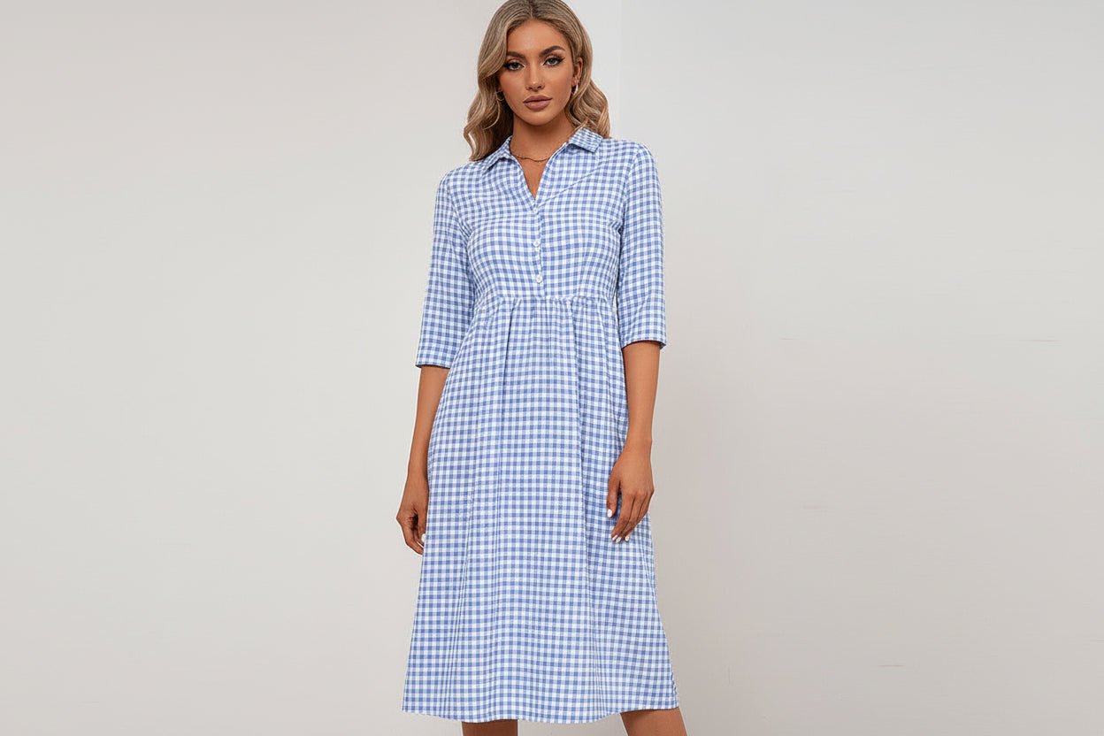 Loose Casual Mid-Length Plaid Lapel Shirt Dress for Women
