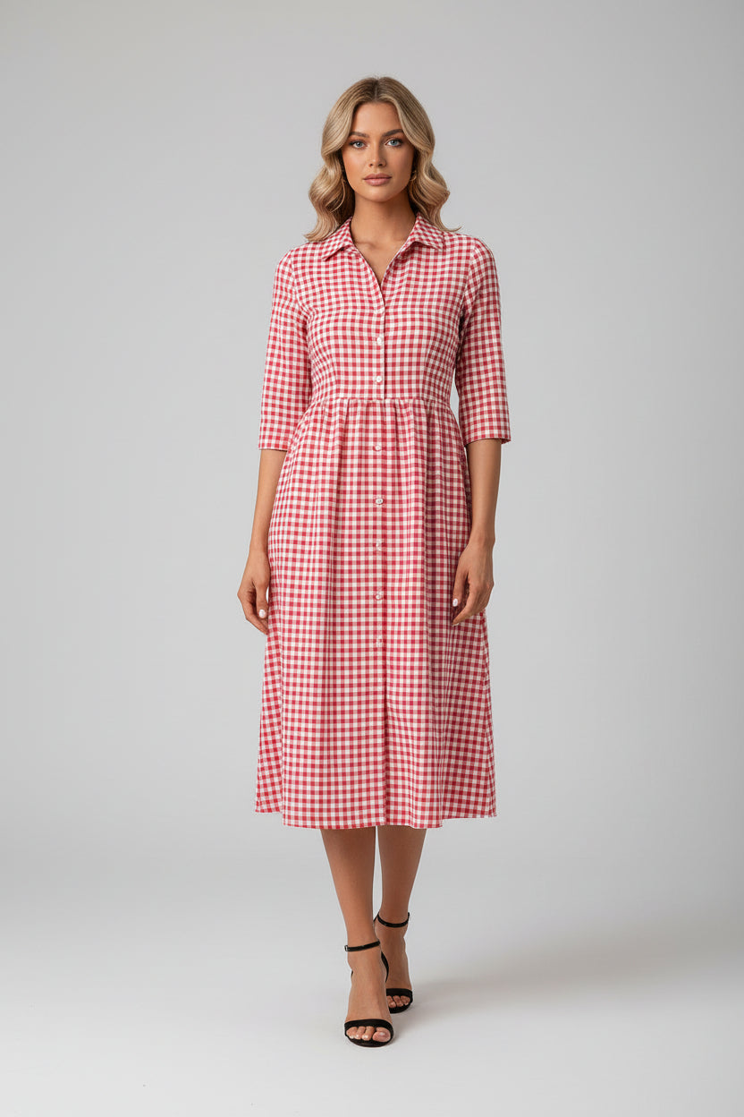 Loose Casual Mid-Length Plaid Lapel Shirt Dress for Women