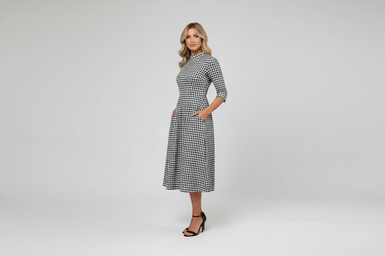 Loose Casual Mid-Length Plaid Lapel Shirt Dress for Women