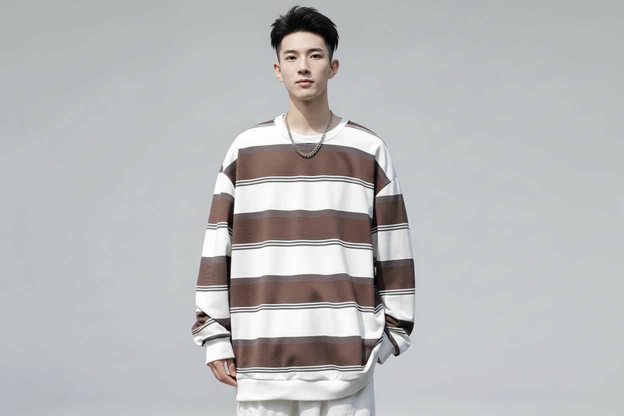 Men’s Autumn Striped Loose Fit Crew-Neck Sweatshirt