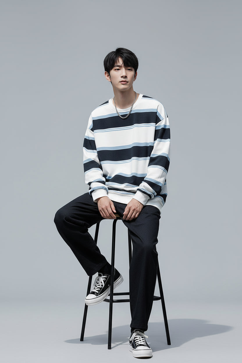 Men’s Autumn Striped Loose Fit Crew-Neck Sweatshirt