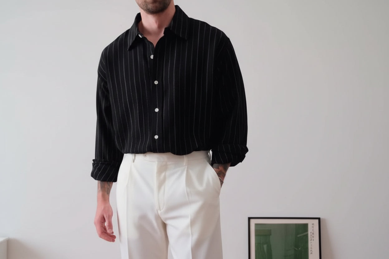 Men’s Black Pinstriped Button-Down Shirt