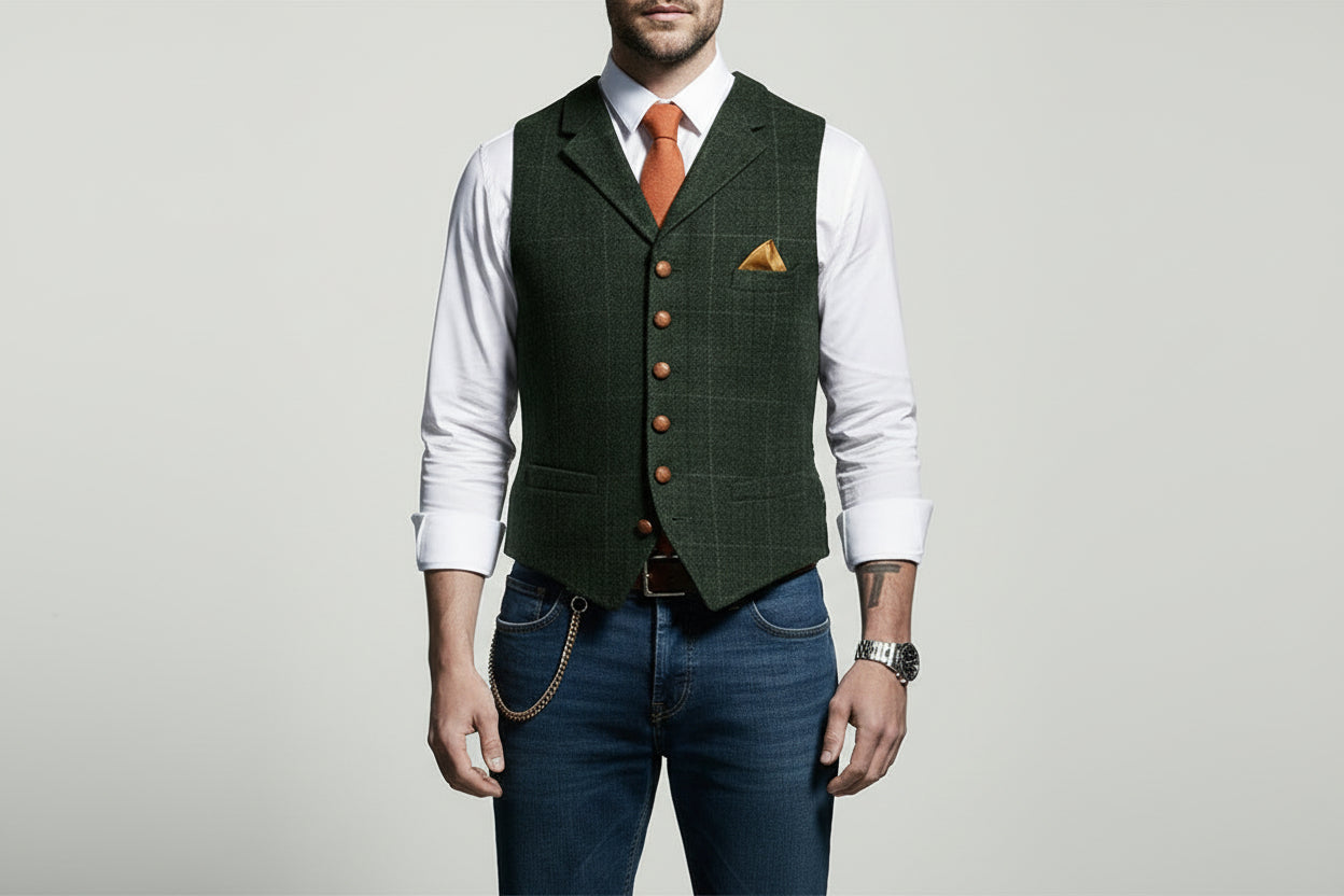 Men’s Casual Plaid Lapel Slim Fit Single-Breasted Vest