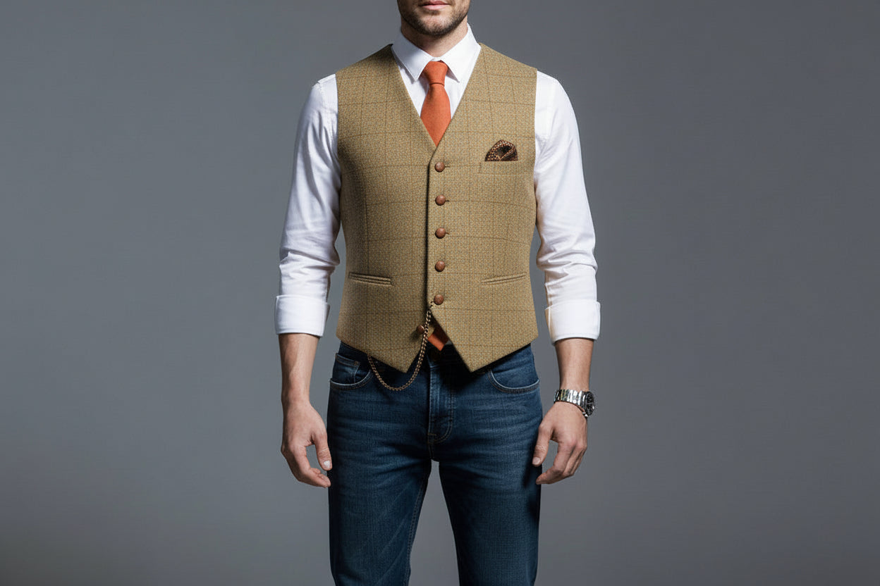Men’s Casual Plaid Lapel Slim Fit Single-Breasted Vest