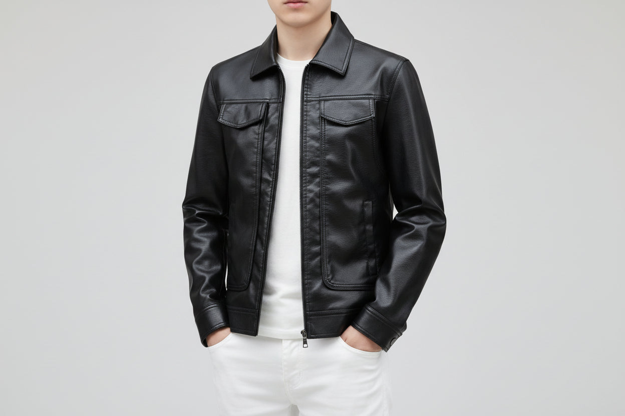 Men’s Casual Velvet Lined Synthetic Leather Jacket Slim Fit Winter Coat